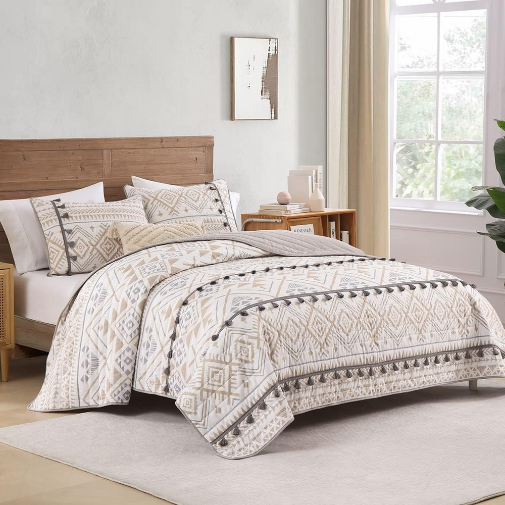 HORIMOTEHOME HORIMOTE HOME Boho Style Beige Twin Quilt Set with Tassle, Soft and - Picture 5 of 7